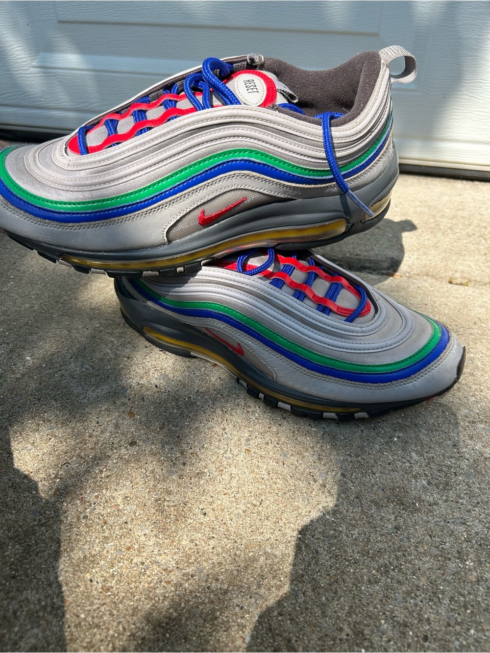 Nike Men’s Air Max 97 — Silver with Blue, Green & Red Accents